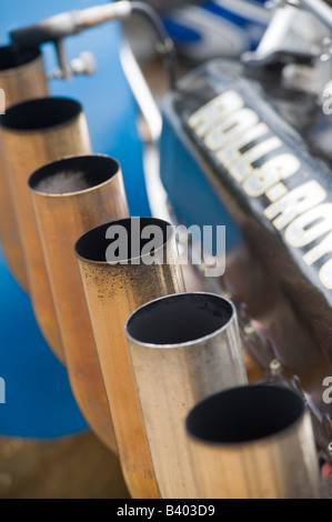 Close up of exhaust pipes on a huge 27 litre rolls royce aero engine on a customised sled pull tractor Stock Photo