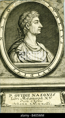 Ovid (Publius Ovidius Naso), 43 BC - 17 AD, Roman author/wtiter, portrait, side view, engraving by Mentzel, Leipzig, late 17th century, anciient world, literature, Germany, , Artist's Copyright has not to be cleared Stock Photo
