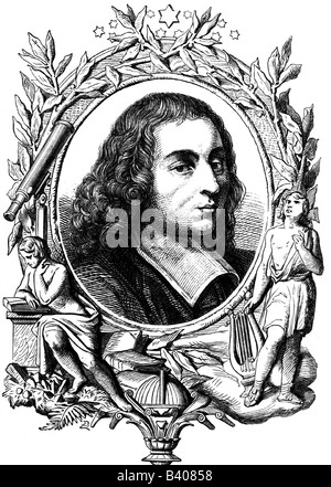 Pascal, Blaise, 19.6.1623 - 19.8.1662, French mathematician, philosopher and physicist, portrait, allegorical portrayal, 19th century, Stock Photo