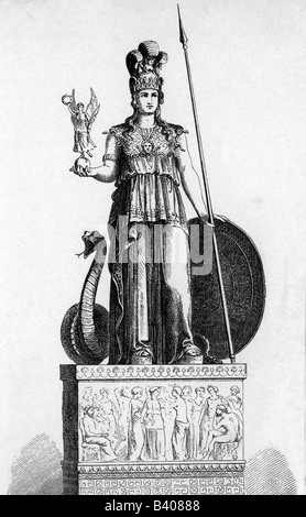 Athena, Pallas Athena, Greek goddess of war, daughter of Zeus, patron of Athens, full length, wood engraving after ancient statue by Phidias, Stock Photo
