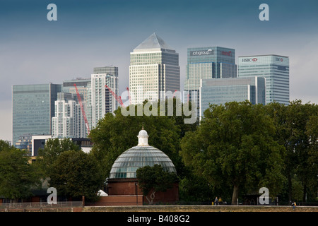 Canary Wharf from Greenwich London, UK and the entrance to the Greenwich Foot Tunnel Stock Photo