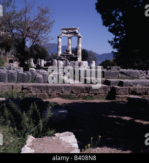 geography / travel, Greece, Delphi (Delphoi), Marmaria, shrine of the Athena Pronaia, look at the Tholos (round temple), built 4th century BC, ruin, architecture historical, historic, ancient, antiquity, Phokis, archaeological excavation, archaeology, UNESCO, World Heritage Site, ancient world, Stock Photo