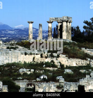 geography / travel, Greece, Corinth, ruins in old Corinth with  Apollo Tempel (Peloponnese), temple, landscape, landscapes, antique, , Stock Photo