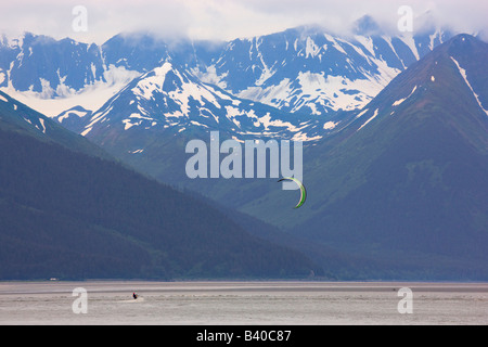 Troy and Mark kiteboarding the Bore Tide on Turnagain Arm near Anchorage Alaska Stock Photo