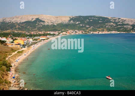 panoramic view of the beach and bay of Baska on the Island of Krk, Republic of Croatia, Eastern Europe Stock Photo