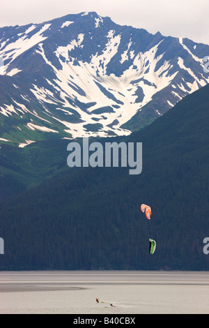 Troy and Mark kiteboarding on Turnagain Arm near Anchorage Alaska Stock Photo