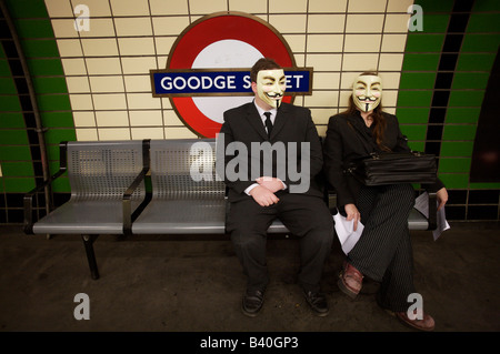 Members of the protest group Anonymous travel to an anti scientology demo Stock Photo