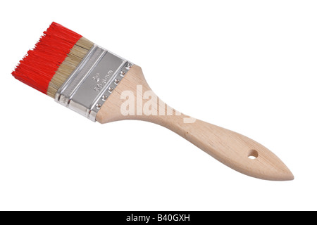 Paintbrush with red paint cut out isolated on white background Stock Photo