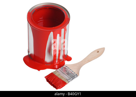 Can of red paint and paint brush cut out isolated on white background Stock Photo