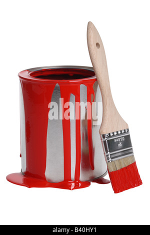 Can of red paint and paintbrush cut out isolated on white background Stock Photo