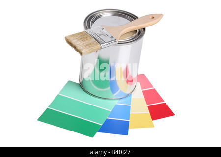 Paintbrush paint can and color swatches cut out isolated on white background Stock Photo