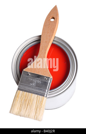 Red paint and paintbrush cut out isolated on white background Stock Photo