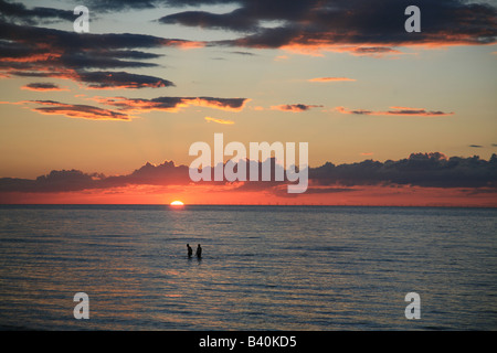 Two people swimming as sun sets Stock Photo