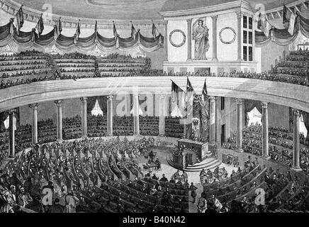 events, revolutions 1848 - 1849, Germany, National Assembly,  Saint PaulS s Church, Frankfurt am Main, first session, 18.5.1848, wood engraving after drawing by Fritz Bamberger, 1848,parliament, politics, representaives, 19th century, historic, historical, revolution, people, Stock Photo