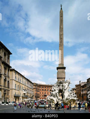 geography / travel, Italy, Rome, squares, Piazza Navona, four stream fountain, 1648 - 1651, UNESCO World Heritage, sqaure, four rivers fountain, granite, marble and lime sinter, by Giovanni Lorenzo Bernini (1598 - 1680), Fontana Dei Fiumi, with obelisk, , Stock Photo