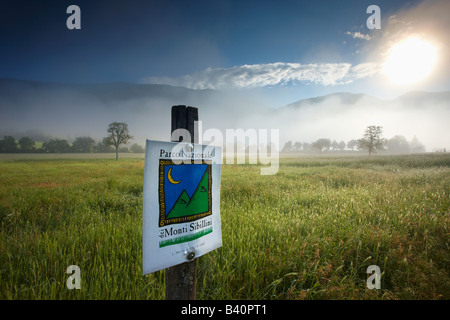 mist lying on the fields around Campi in the Valnerina, Monti Sibillini National Park, Umbria, Italy Stock Photo