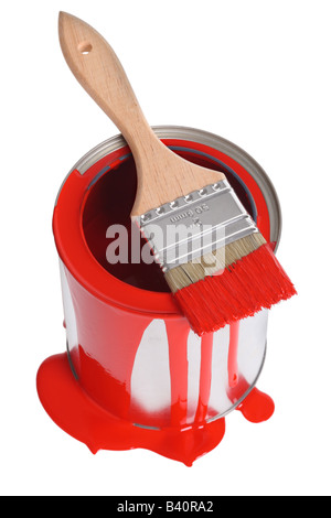 Can of red paint and paint brush cut out isolated on white background Stock Photo