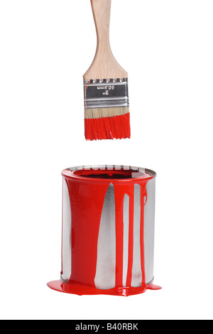 Can of red paint and paint brush cut out isolated on white background Stock Photo