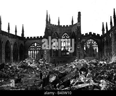 events, Second World War / WWII, aerial warfare, England, German air raid on Coventry, 14./15.11.1940, destroyed St. Michael`s Cathedral, Stock Photo