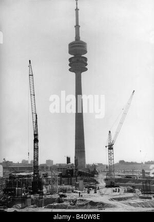 geography/travel, Germany, Munich, Olympiapark, construction 1968 - 1972, Olympic Stadium, construction site, 1969, crane, cranes, Olympic Tower, Olympic Games, Oberwiesenfeld, Bavaria, Europe, 20th century, historic, historical, 1960s, Stock Photo