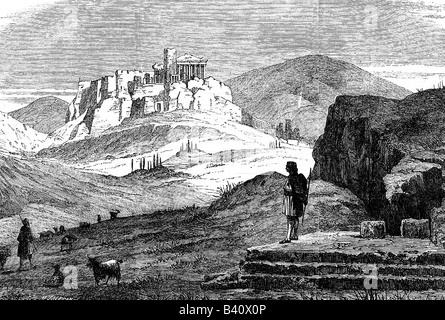 geography / travel, Greece, Athens, Acropolis, view from mountain of Pynx, original engraving, published 1863, Stock Photo