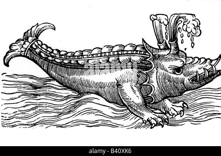 superstition, mythical creatures, Cyfius, woodcut, 16th century, sea monster, zoology, historic, historical, Stock Photo