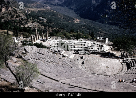 geography / travel, Greece, Delphi (Delphoi), shrine of the Apollo-Pythios, theatre, built fourth century BC, restored second century BC by Eumenes II. of Pergamon, ruin, view of rows of seats, orchestra, excavations, archeological excavation, templa area, Phokis, theatre architecture, archaeology, antiquity, Phokis, UNESCO World Heritage Site, fourteenth, Apollo, Pythios, , Stock Photo