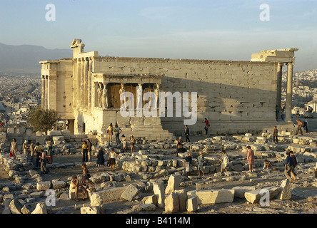 geography / travel, Greece, Athens, acropolis, Erechtheion, Erechtheum, temple of Pallas Athene and Poseidon, built 421 - 406 BC, view from south in twilight, tourists, in addition admiration of heros Erechtheus, Cecrops and Butis, architecture, caryatid porch, religion, Hellas, antiquity, historical, historic, ancient, ruins, ruin, UNESCO, World Heritage Site,  people, ancient world, Stock Photo