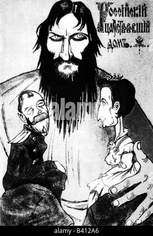 Rasputin, Grigori Yefimovich, 10.1.1869 - 17.12.1916, Russian clergyman, caricature on his influence on the imperial family, drawing by N. Iwanow, Stock Photo