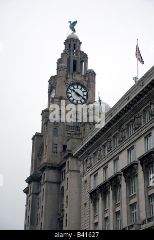 Clock of the Royal Liver Building with Liver Bird, Pier Head, Liverpool Stock Photo