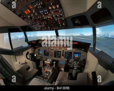 Flight simulator Boeing 737 cockpit pilots training equipment Seppe Airfield Noord Brabant Netherlands fieheye view Stock Photo