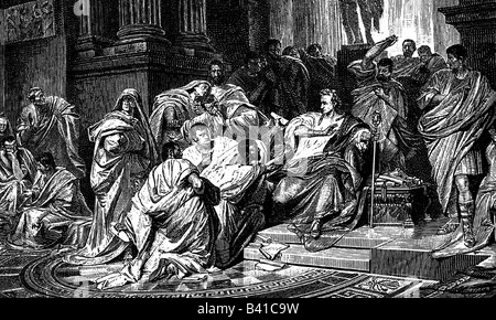 Caesar, Gaius Julius, 13.7.100 - 15.3.44 BC, Roman politician, death, assassination in the Senat, wood engraving after painting by Karl von Piloty, 1865, ,