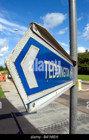blue and white cycle route sign for teddington, middlesex, located in ham, southwest london, england