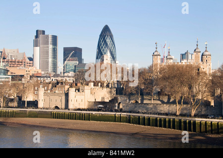 View across Thames to Gherkin and Tower of London, London, UK Stock Photo