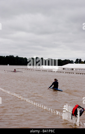 Canoeing on Worcester racecourse during floods september 2008 Stock Photo