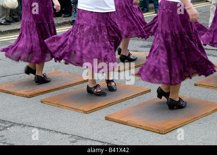 Tap dancers perform on boards in the street during Shipston Proms, 2008. UK Stock Photo