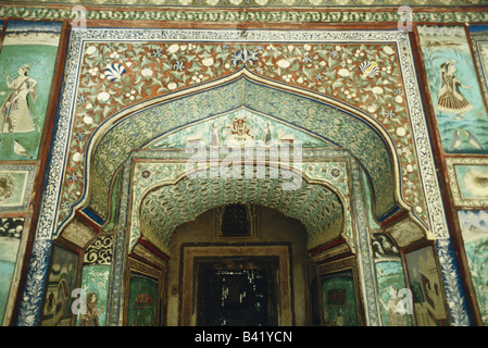 Frescoes of princesses at Bundi Taragarh fort palace, Rajasthan, India Stock Photo