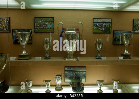 Silverware on show in the FC Barcelona club museum at the Nou Camp Stadium in Barcelona Spain Stock Photo