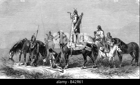 geography/travel, USA, people, Native Americans, tribes, Pawnee, looking out for enemies, engraving, 19th century, American Indians, North America, historic, historical, family, prairie, horses, Stock Photo