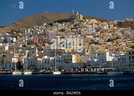 Greece, Cyclades, Syros Island, Ermoupolis City, city skyline and the Church of Anastasis Stock Photo