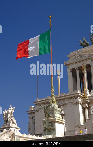 Italian flag flying over the Monument to King Victor Emmanuel II, Rome, Italy, Europe Stock Photo