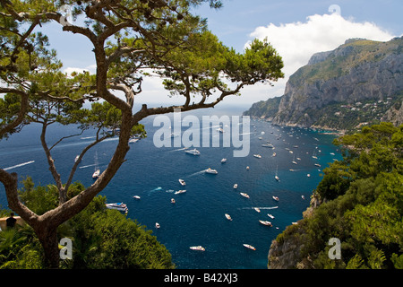 Elevated view of blue waters of the City of Capri, an Italian island off the Sorrentine Peninsula on the south side of Gulf of Stock Photo