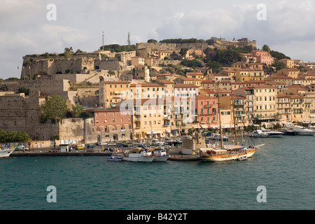 Water view of colorful buildings and harbor of Portoferraio, Province of Livorno, on the island of Elba in the Tuscan Stock Photo