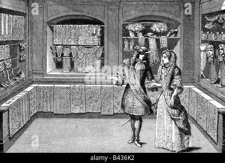 trade, stores, textiles, couple in a store, copper engraving by Sebastien Leclerc, France, 1678, Stock Photo