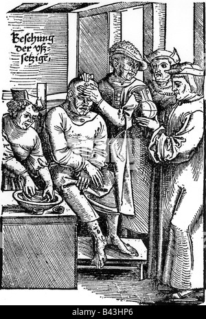 medicine, disease, leprosy, leper in the hospital, wodcut, Germany, circa 1535, Stock Photo
