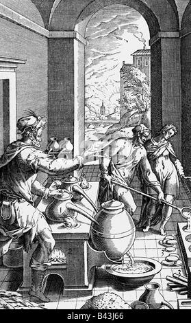 alchemy, alchemists, alchemist and assistants in the laboratory, copper engraving, 'Metallotheca Vaticana' by Michele Mercati, 1717, , Stock Photo