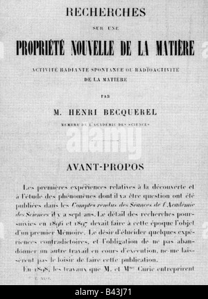 Becquerel, Antoine Henri, 15.12.1852 - 25.8.1908, French physicist, work 'Recheres sur une propriete nouvelles de la matiere', 1903, cover, Stock Photo