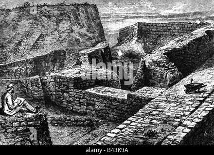 Schliemann, Heinrich, 6.1.1822 - 26.12.1890, German archaeologist, excavations at Troy, engraving, circa 1881, , Stock Photo