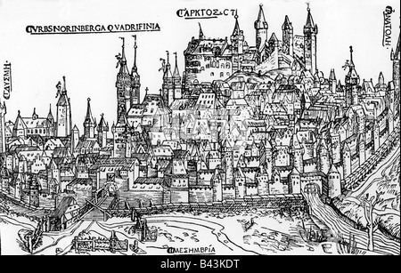 geography / travel, Germany, Nuremberg, city views / cityscapes, view of the city, woodcut, from 'Quatuor libri amorum' by Konrad Celtis, Nuremberg, Germany, 1502, Stock Photo
