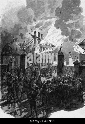 events, revolutions 1848 - 1849, Austria, March Revolution, storming of the toll houses, Vienna, 13.3.1848, wood engraving, 1892, revolutionaries, people, city limits, anger, fire, Austrian Empire, 19th century, historic, historical, Stock Photo
